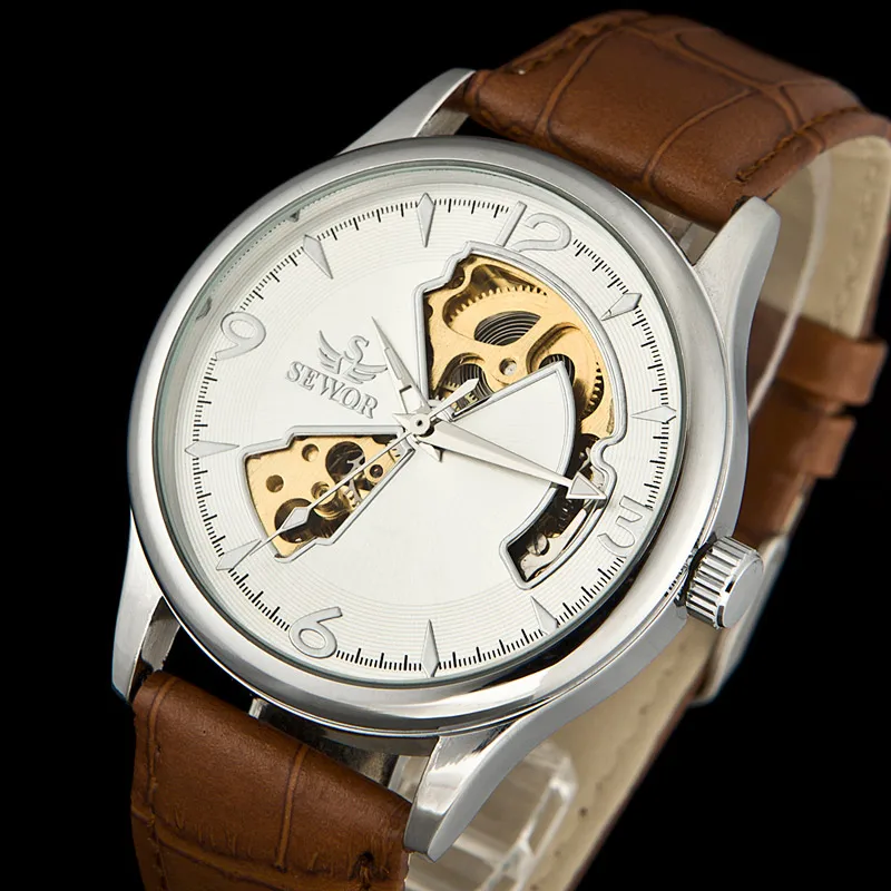 

SEWOR Mens Luxury Brand Silver Steel New Fashion Mechanical Automatic Watch Men Leather Watch Band Wrist Watch C1124