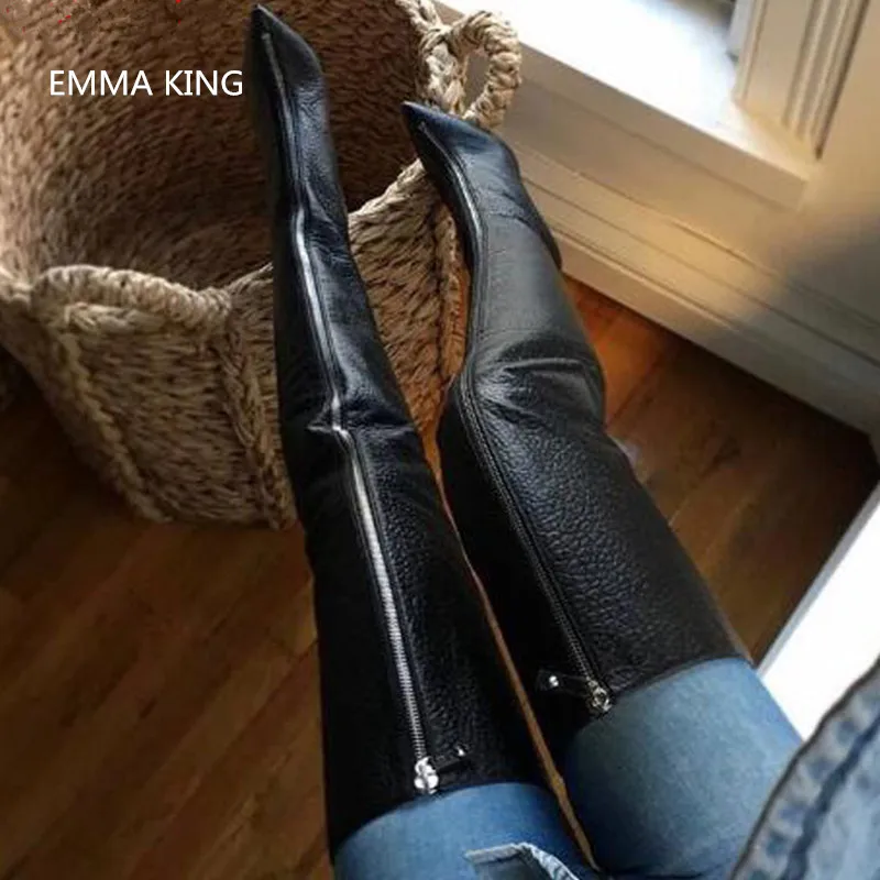 Leather High Heels Over The Knee Knight Boots Women Pointed Toe Front Zipper Thigh High Boots Fashion Ladies Shoes Botas Mujer Leather High Heels Over The Knee Knight Boots Women Pointed Toe Front Zipper Thigh High Boots Fashion Ladies Shoes Botas Mujer