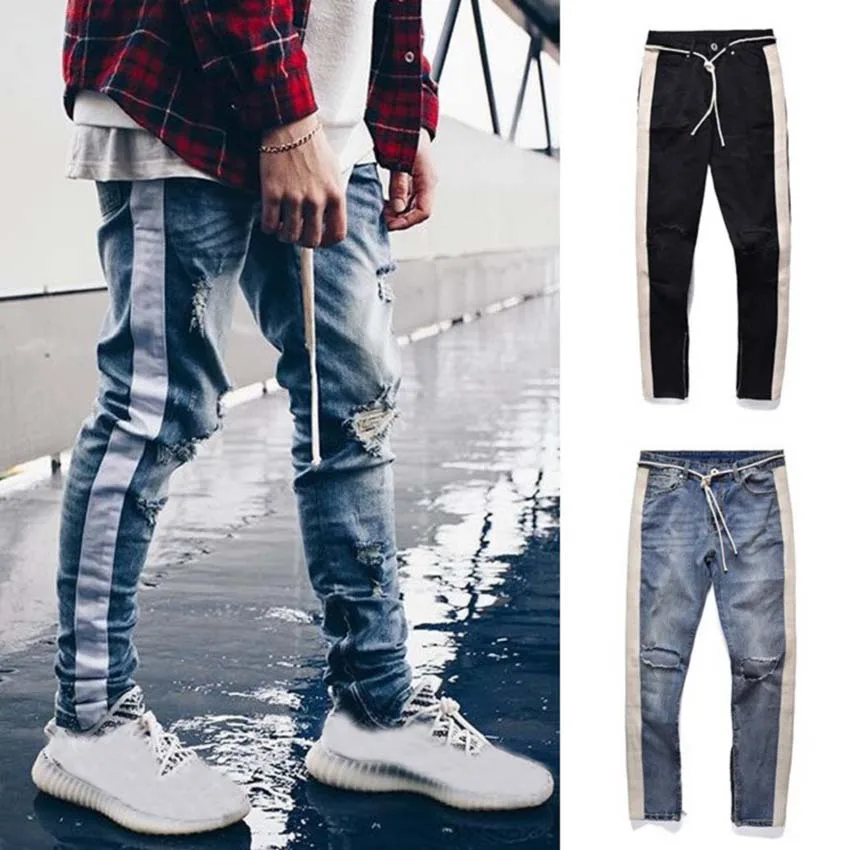 

Men's Jeans Hip-hop Street Style Side Striped Design Men Casual Jeans Men Long Trousers Fashion New