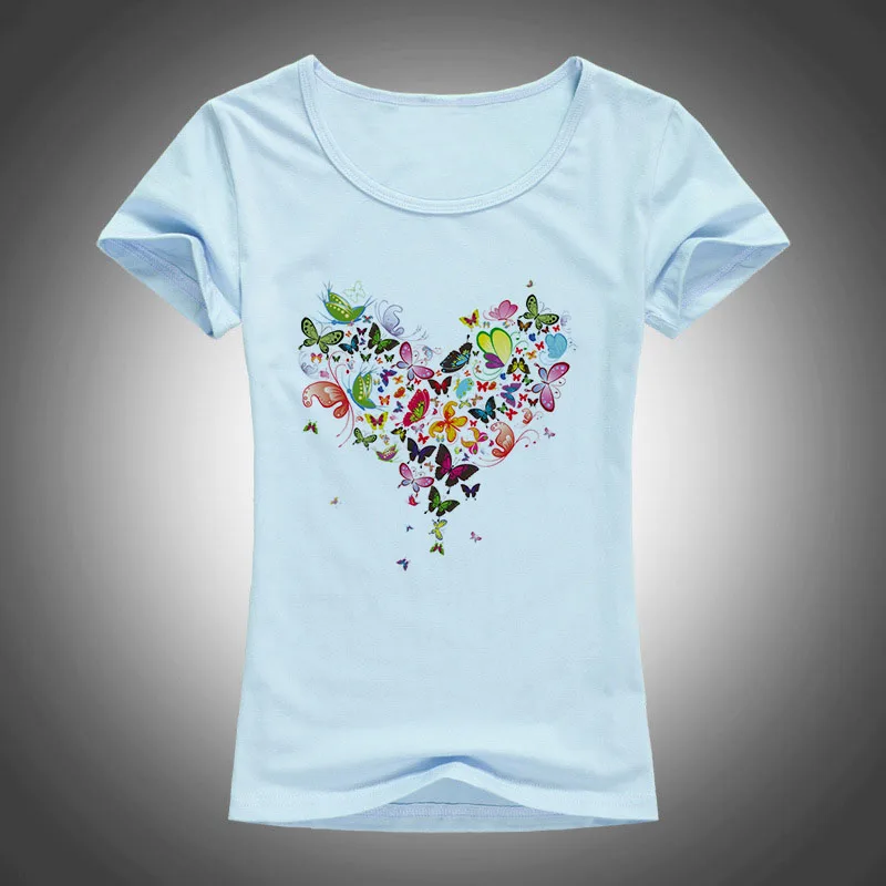 Летняя женская футболка в форме сердца с красочными бабочками, красивая летняя хлопковая Футболка с принтом, брендовые Модные топы в стиле Харадзюку - Цвет: Sky blue