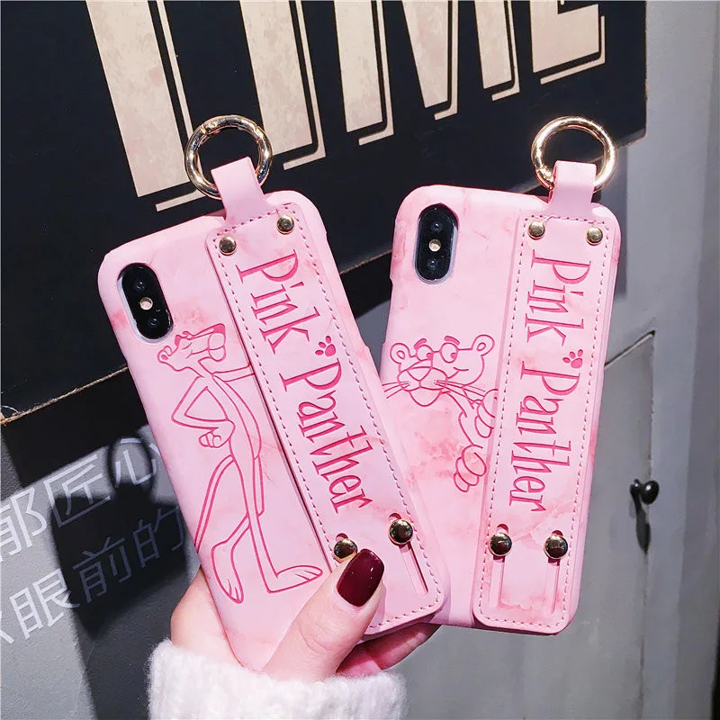 

Luxury Cartoon Pink Panther Phone Case for iPhone 7 7 Puls 6 6S 8 Puls X Cases Girl Cute Cartoon Case Soft Leather Stand Cover