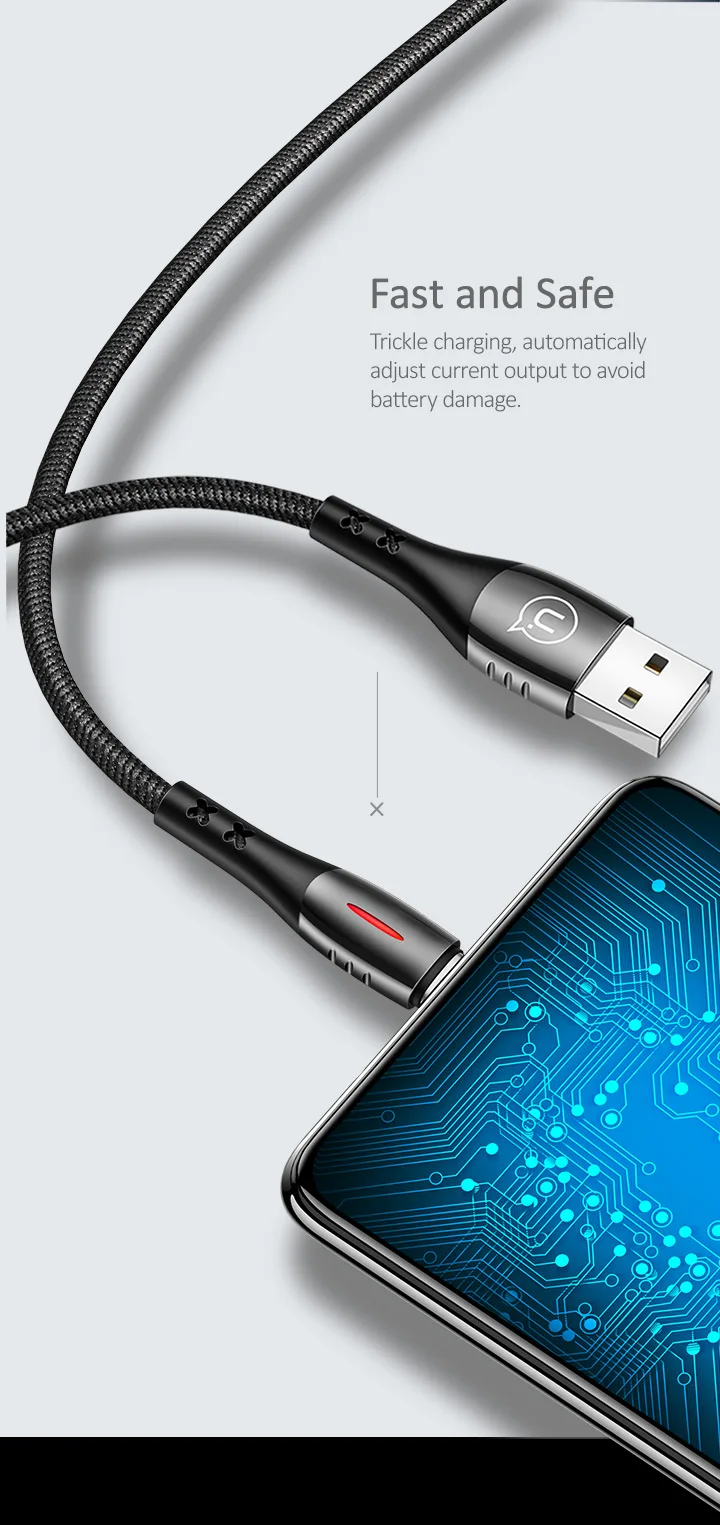 USAMS Micro USB кабель с автоматическим отключением кабель с нейлоновой оплеткой светодиодный светильник, поддержка QC 3,0 кабель быстрой зарядки