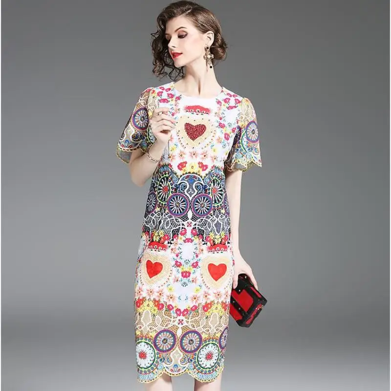 2018 Summer Runway Designer Women Luxury Crystal Diamonds Floral Print Retro Long Dress Vintage Bodycon Pencil Party Dresses