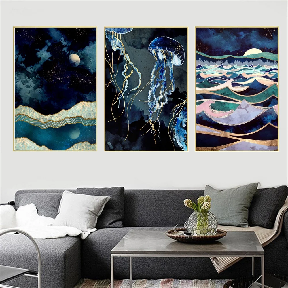 

Blue Jellyfish Art Print Poster Wall Art Canvas Painting Seawater Wall Pictures for Living Room Bedroom Home Decor