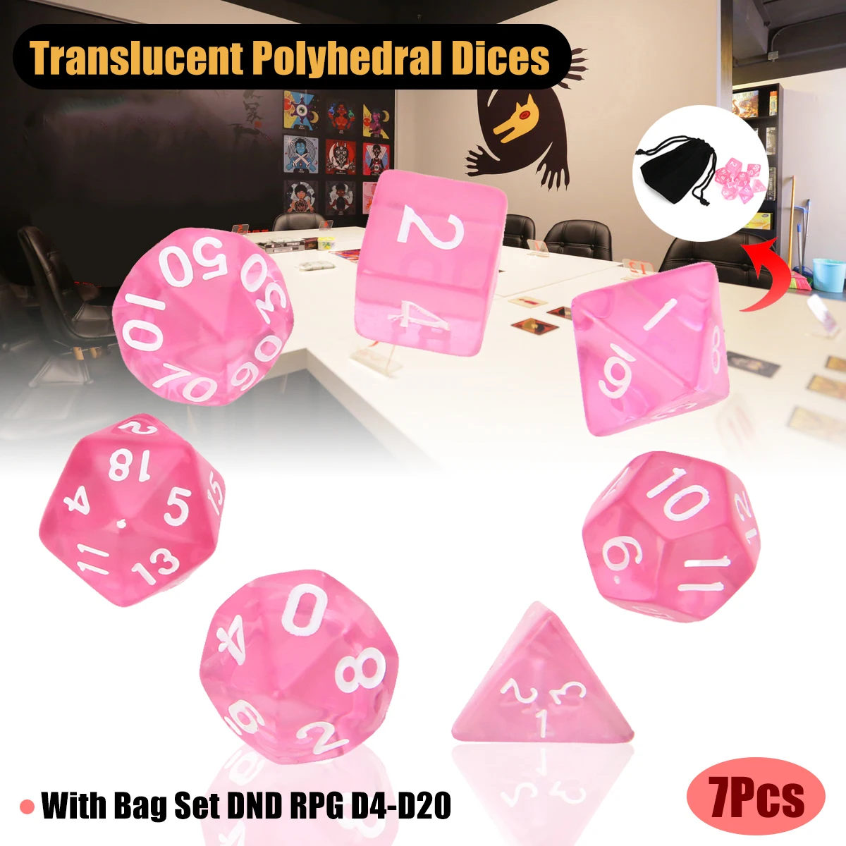 7Pcs Pink Translucent Polyhedral Cute D4-D20 Dices With Bag Set For Funny Table Games Dungeons and Dragons RPG