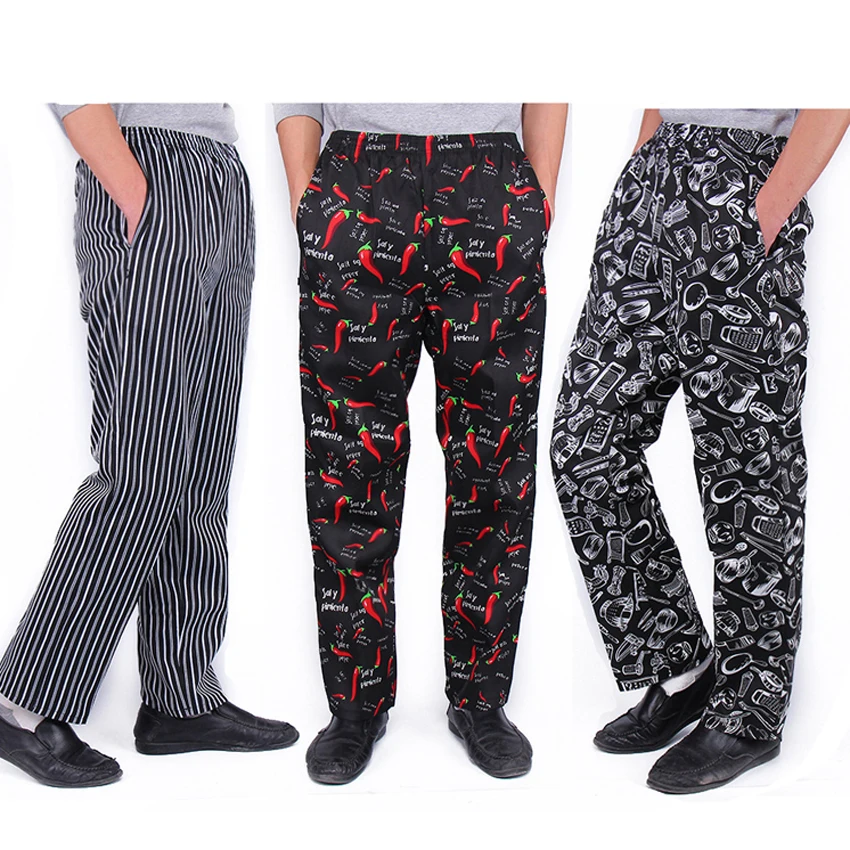 

Men Loose Style Trousers Chili Print Solid Spandex Chef Uniform Fancy Costumes Kitchen Restaurant Bakery Cook Clothing Pants