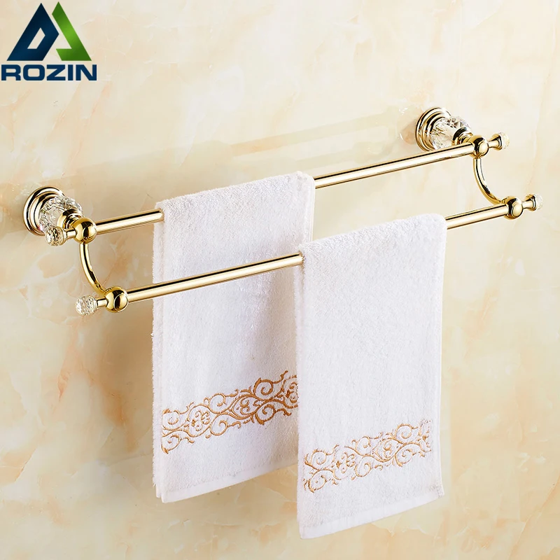 Gold Double Towel Bar Towel Holder Solid Brass Jade Crystal Wall
