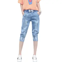2018 эластичный пояс рваные Для женщин брюки свободные Повседневное Харен студентов летние тонкие Высокая Талия джинсовые штаны Femme шорты