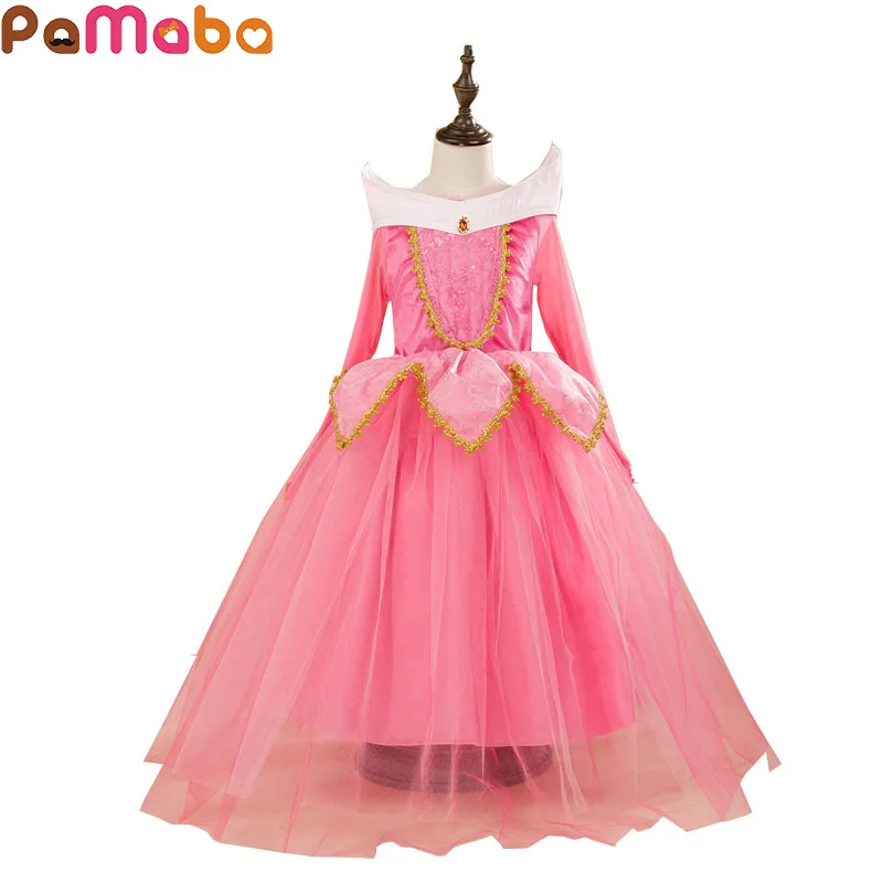 

PaMaBa Elegant Sleeping Beauty Cosplay Aurora Princess Dress-up Pink Girl's Clothing Full Sleeve Ball Gown Fantasy Kids Vestidos