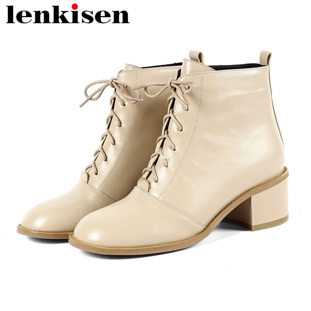 

Lenkisen korean girls solid soft natural leather chunky med heels lace up round toe cross-tied british school ankle boots L60