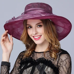 Jinjin.QC Silk Hat For Women 2019 Summer Wide Brim Floppy Beach Sun Hat Elegant Women Church Hats Sunscreen Cap Drop Shipping