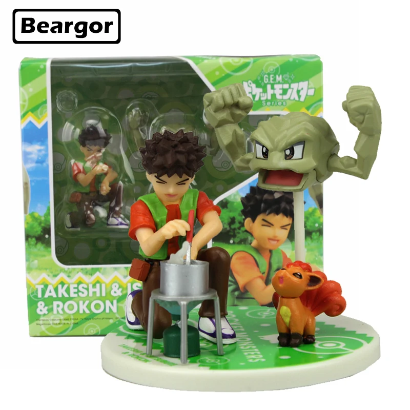 

4" Pocket Monster Cartoon Brock Takeshi & Geodude & Vulpix set Boxed 12cm PVC Anime Action Figure Model Doll Toys Gift