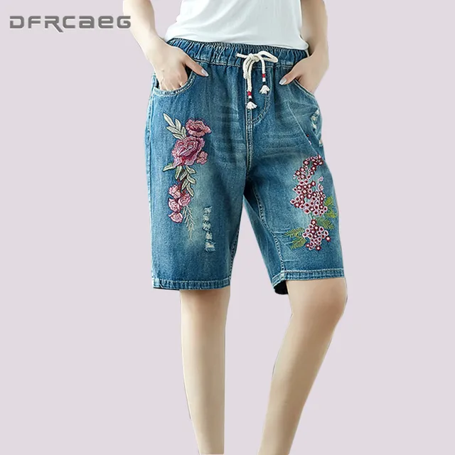 Buy Blue Flower Embroidery Capris Jeans Women 2018