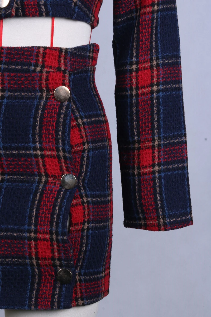 ZHYMIHRET осенне-зимний комплект из 2 предметов, клетчатое платье, укороченный топ, Женская куртка с длинным рукавом и юбка-карандаш, комплект из двух предметов, подходящие комплекты