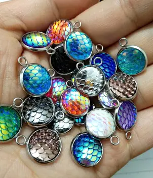 

AKOLION Stainless Steel Mermaid Fish Scale Charm Colorful Faux Druzy Cabochon Resin Round Drusy Charms 12mm 20piece/lot