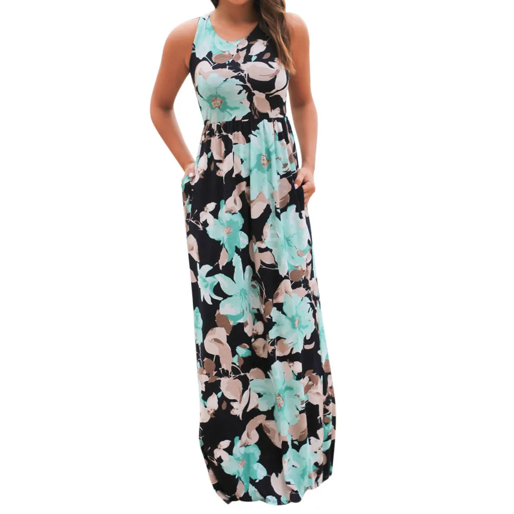 

2019 Spring Summer Fashion Womens Sleeveless Maxi Dress With Pockets Beach Long Dress Vintage Printing Party Vestidos Plus Size
