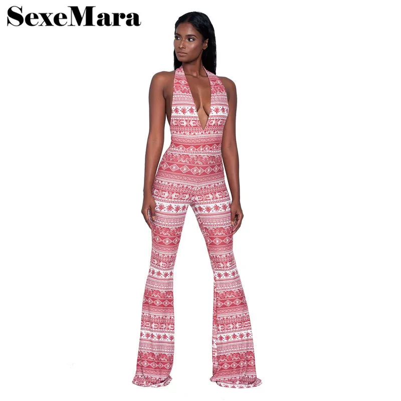 

Deep V Halter Backless Bohemian Jumpsuit Wide Leg 2019 Summer African Casual Maxi Romper One Piece Sexy Pant Suits D36-AA66