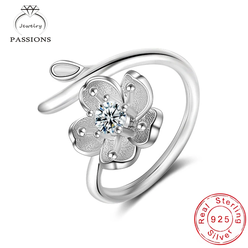

PASSIONS New Fashion Styles Silver Plate Open Wide Adjustable Rings Sakura Pendant CZ Rings For Women Bague Anillos Jewelry