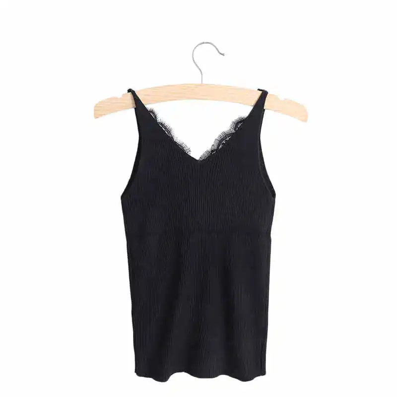 Girl Plain Camisole Lace Splicing Double V-neck Vest Slim Sling Tank Tops