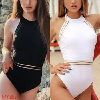

Summer Women's Sexy Hawaiian Vacation Sleeveless Solid Swimsuit Halter One-piece Swimsuit 2019 New