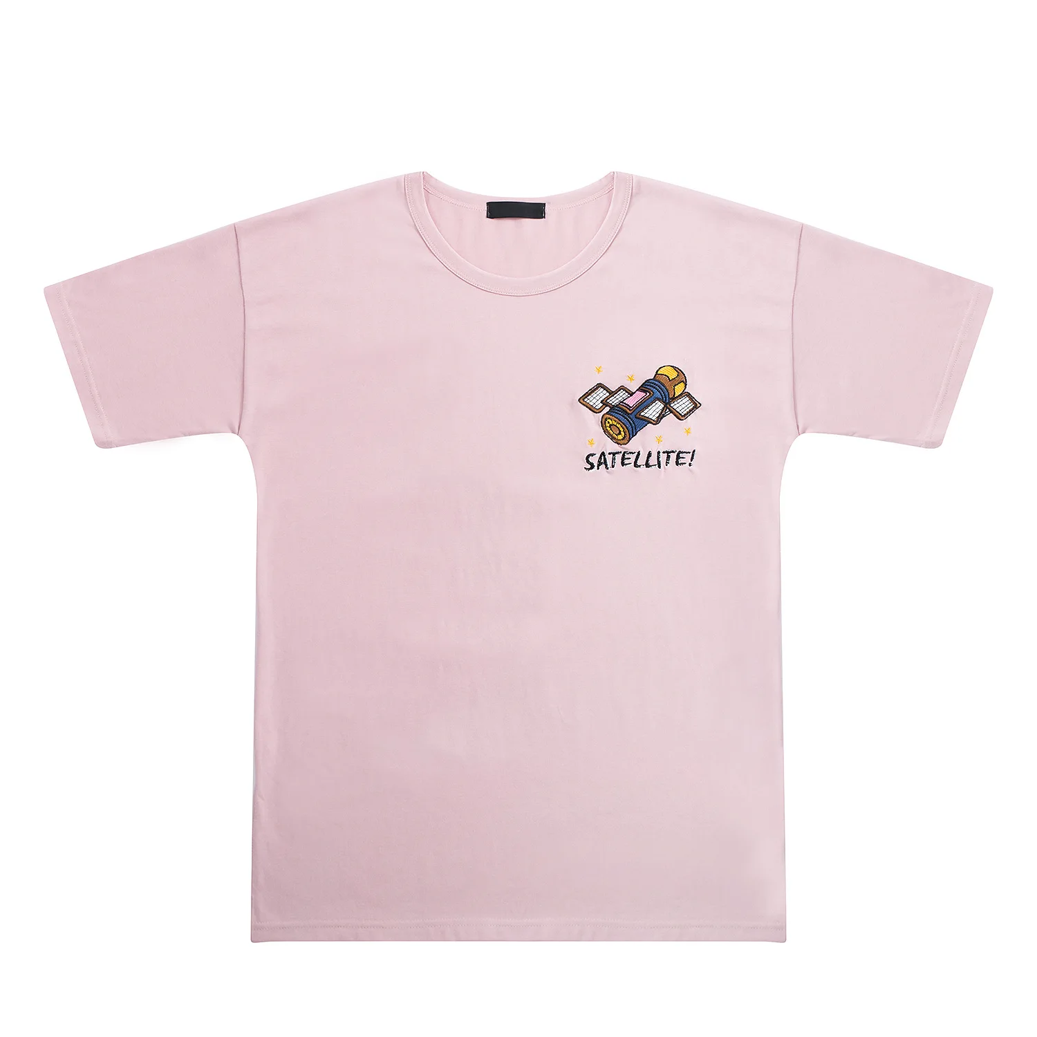 Корейская мода, женская летняя футболка с круглым вырезом, свободная, короткий рукав, Женская хлопковая футболка, топы, хаки, розовый, вышивка космическим кораблем - Цвет: Розовый