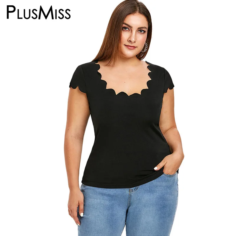 PlusMiss Plus Size 5XL Scalloped Scoop Neck Solid Tops Tee XXXXL XXXL