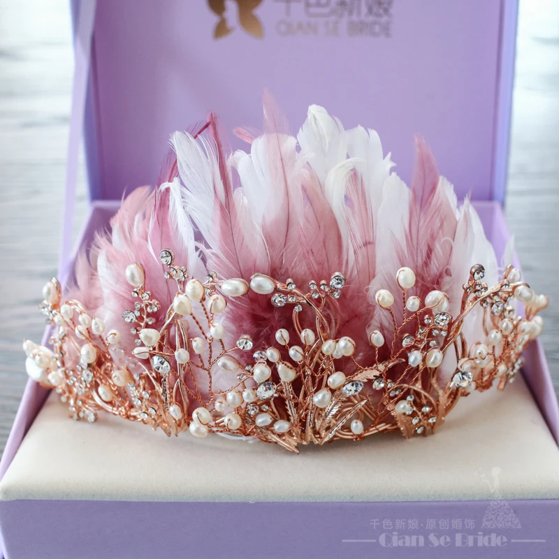 

Gorgeous crystal tiara pearl jewelry feather hairband crown women hair ornaments wedding photography accessories