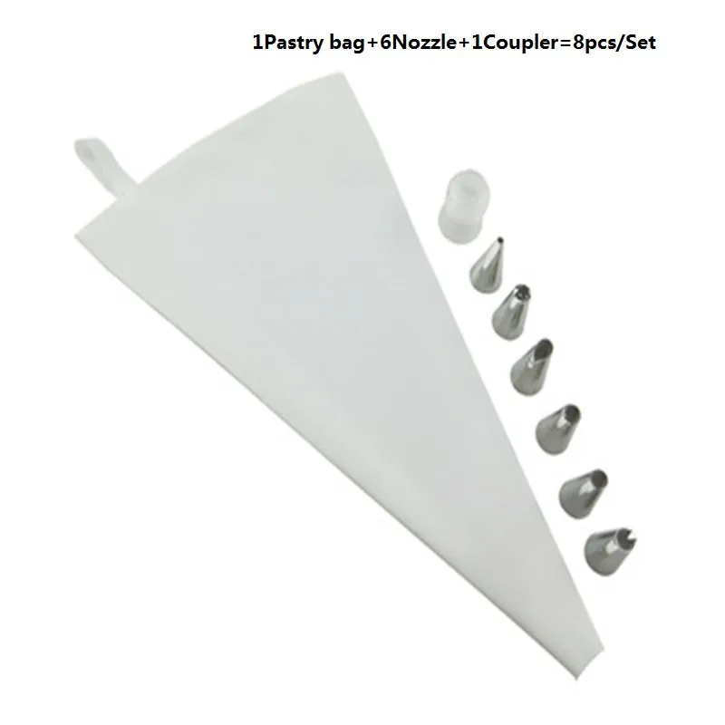 2017 new 8 PCS Set Silicone Kitchen Accessories Icing Piping Cream Pastry Bag + 6 Stainless Steel Nozzle Set DIY Cake Decorating Tips Set