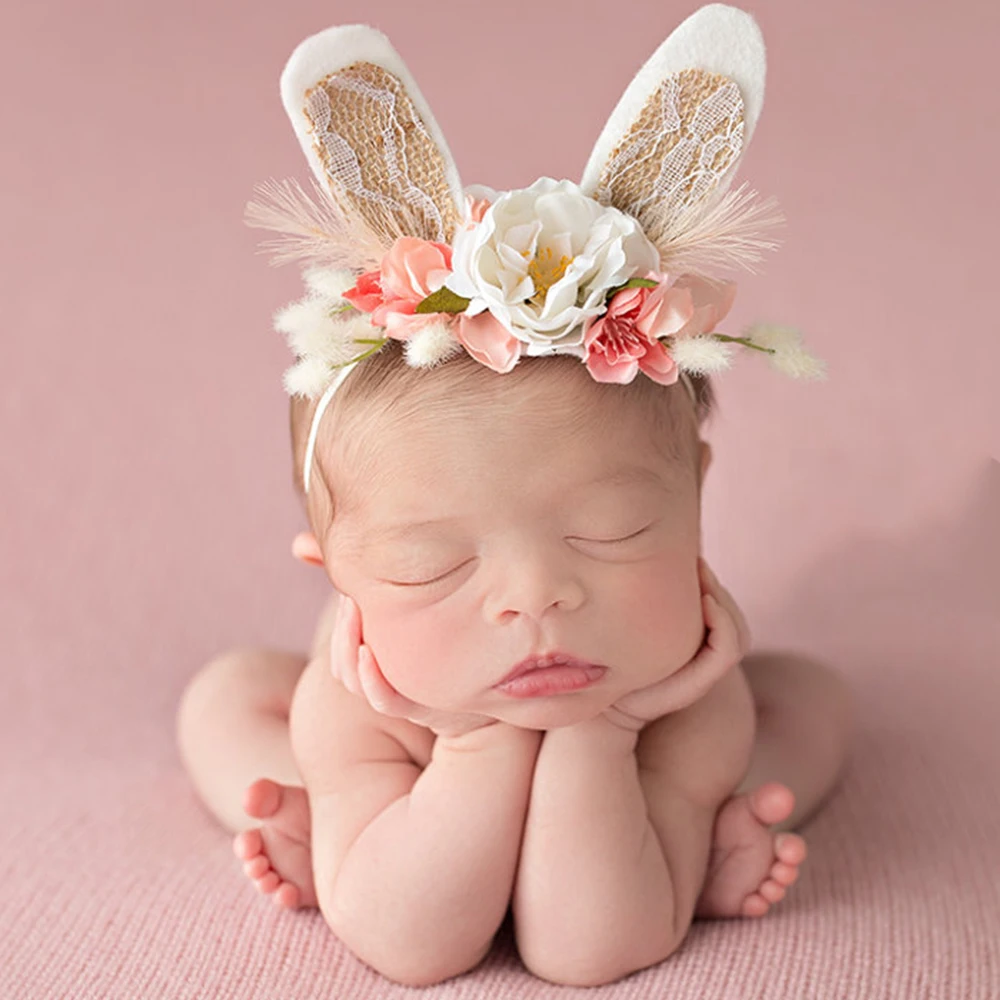 Coroa de Flores de Renda Comedor de Bebê Coelho Bebê Recém-nascido Foto Props Infantil Fotografia Aniversário Headwear Crianças Flor Headbands Tieback