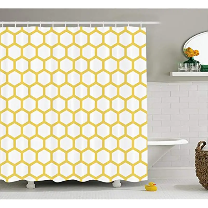 Vixm Yellow White Shower Curtain Hexagonal Beehive Simplistic