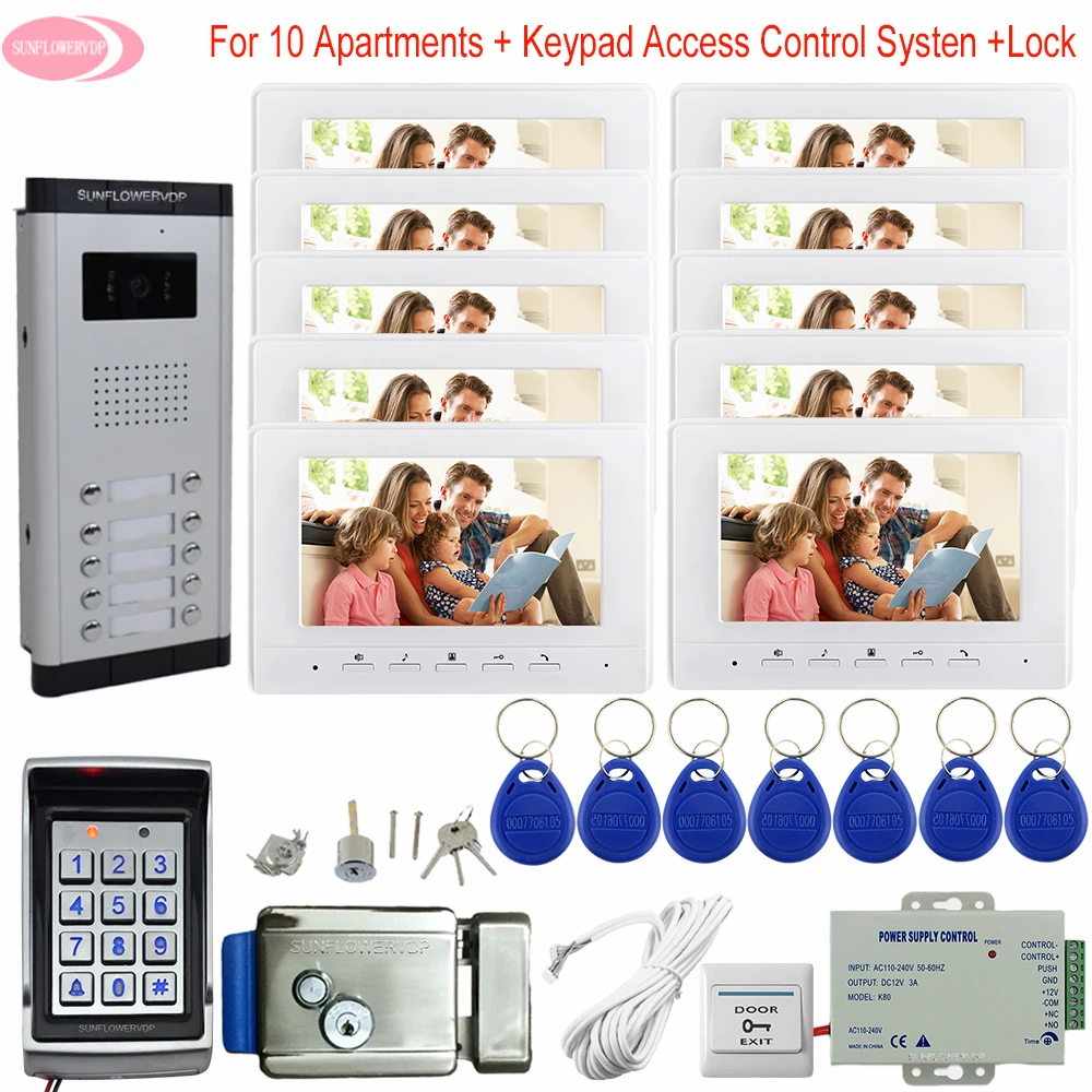 7inch Doorphone Call Panel For 10 Apartments Monitoring Camera System Keypad Access Control Outdoor Intercom + Electric Lock Kit