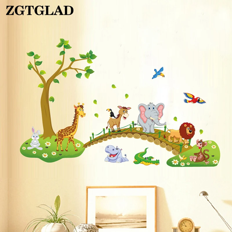 ZGTGLAD 1 مجموعة الكرتون الحيوان الجدار ملصق شجرة جسر الأسد الزرافة الفيل الطيور الزهور ملصقات للأطفال غرفة ديكور