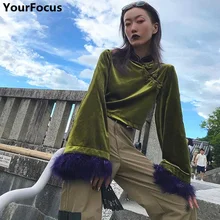 Харадзюку винтажный китайский стиль Бархат зеленый черный с расклешенными рукавами плюшевый короткий Чонсам женский укороченный топ кроп-футболки YQ-815