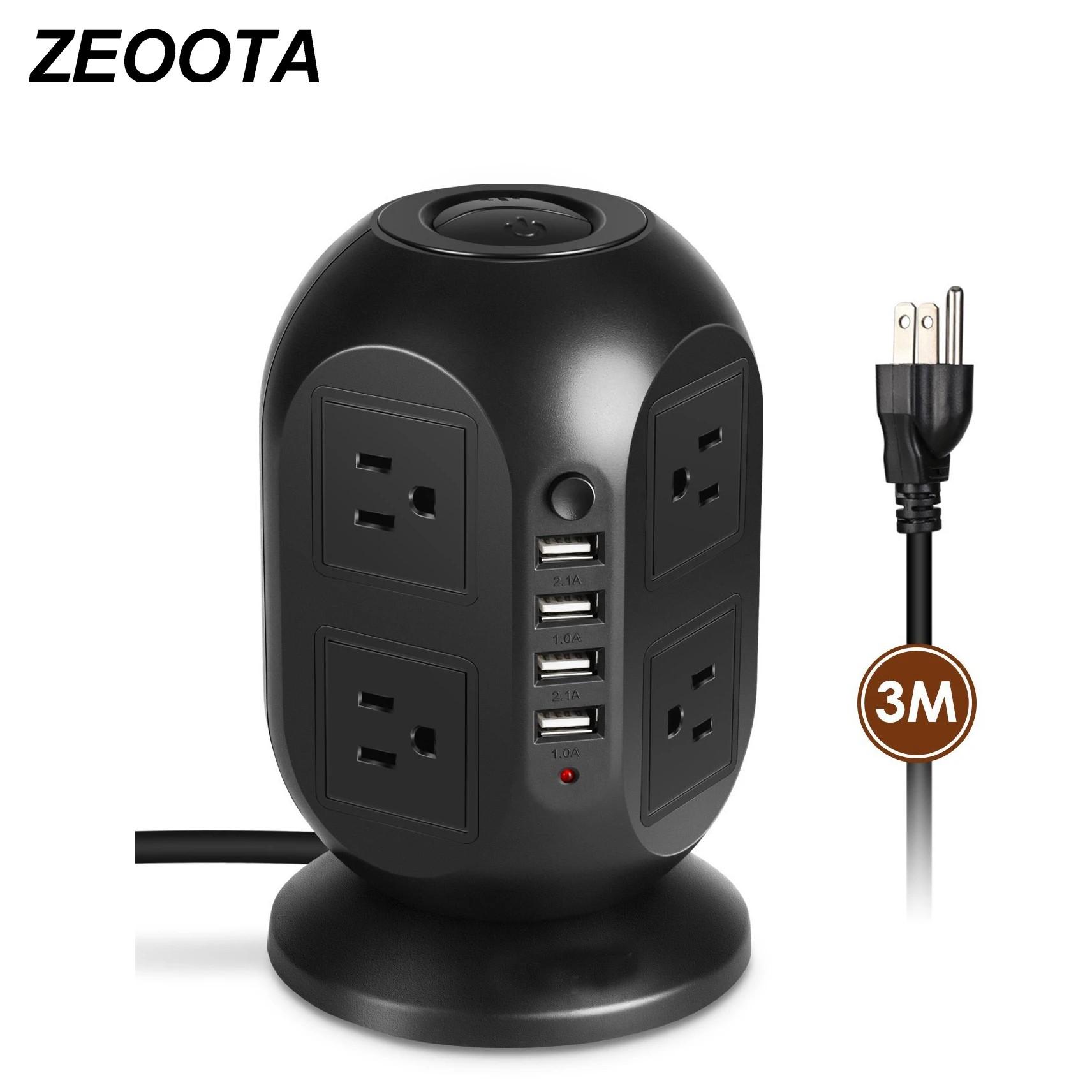 

Smart Tower Power Strip Surge Protector USB Outlet 8 AC Socket with USB 4 Ports US Plug Adapter Long Extension Cord 9.8ft/3m
