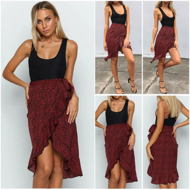 

Women Sexy Leopard Print Wrap Skirts High Waist Irregular Ruffled Belt SkirtsTunic Midi Skirt Ladies Party Cocktail Club Wear