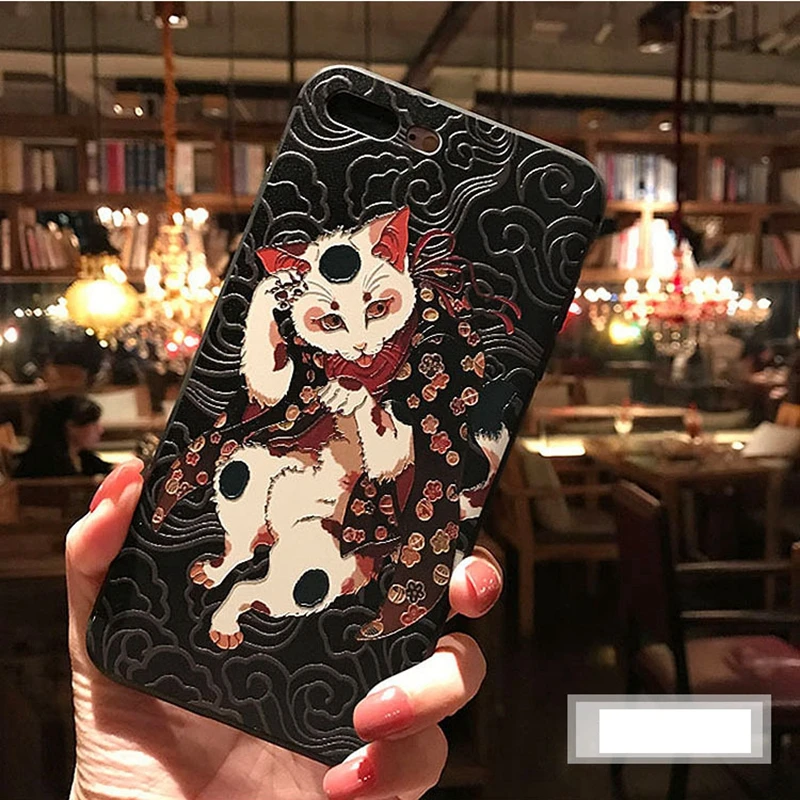 

Japan cute cat anime case for iPhone 7 8 XR 6 6s 7 8 plus xs max Case silica ukiyo-e crane cell phone shell soft cover carp fish