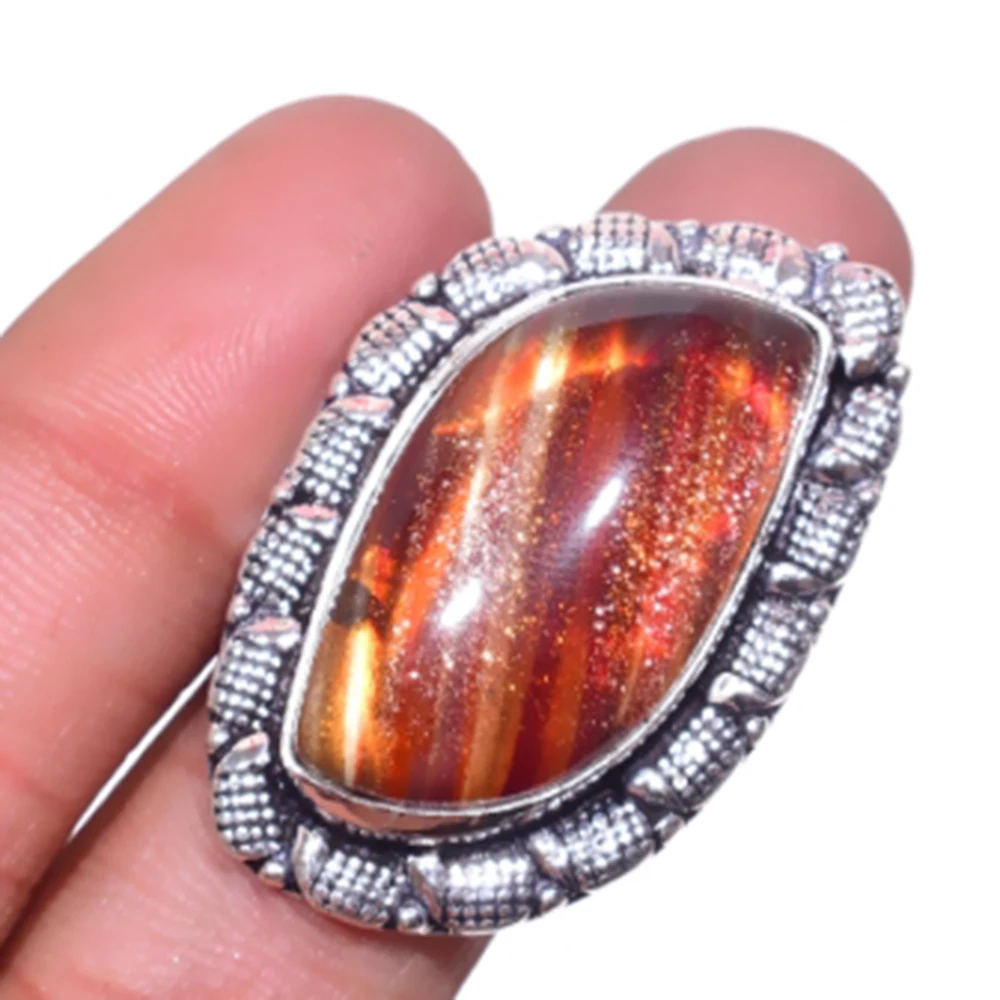 

Sun Stone Ring Silver Overlay over Copper, USA Size 8.5 FRR0062