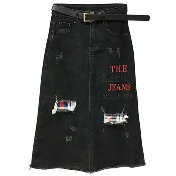 

plus size 2XL Women Jeans Skirts Denim Ladies Patches Pattern Embroidery Ripped Skirts Jeans Casual a-line skirt