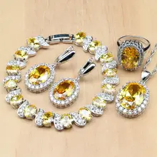 925 стерлингового серебра Свадебные Ювелирные наборы желтый кубический цирконий украшения для женщин серьги кольца браслет кулон ожерелье набор