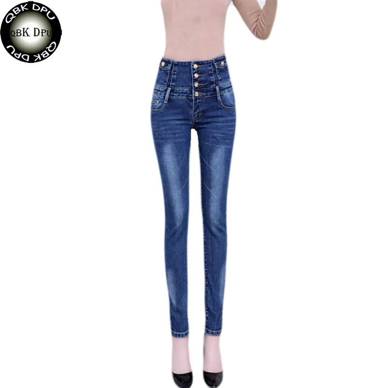 Джинсы для женщин для Высокая эластичные большого размера растягивающиеся женские джинсы промывают джинсовые узкие Брюки Высокая талия