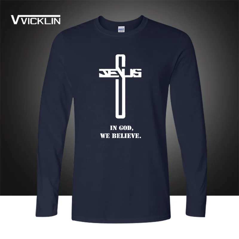 In God We believe printed t shirt long sleeve Christian Cross belief jersey tee cotton joggers blessed t-shits plus size | Мужская