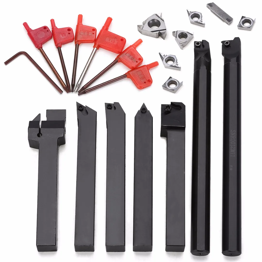 

7pcs Lathe Turning Tool Holder Boring Bar 12mm Shank +7pcs Silver Carbide PVD Inserts Set For Machining Steel Mayitr