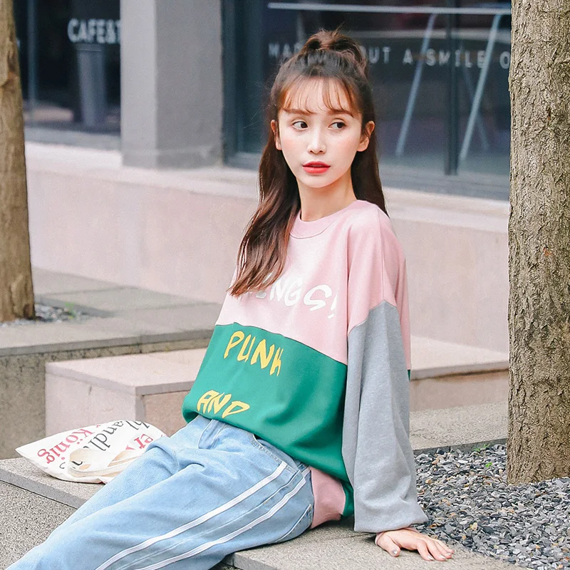 

Women's Casual Sweatshirts Japanese Korean Ulzzang Contrast Loose Letter Sweatshirt Female Harajuku Cute Clothing For Women