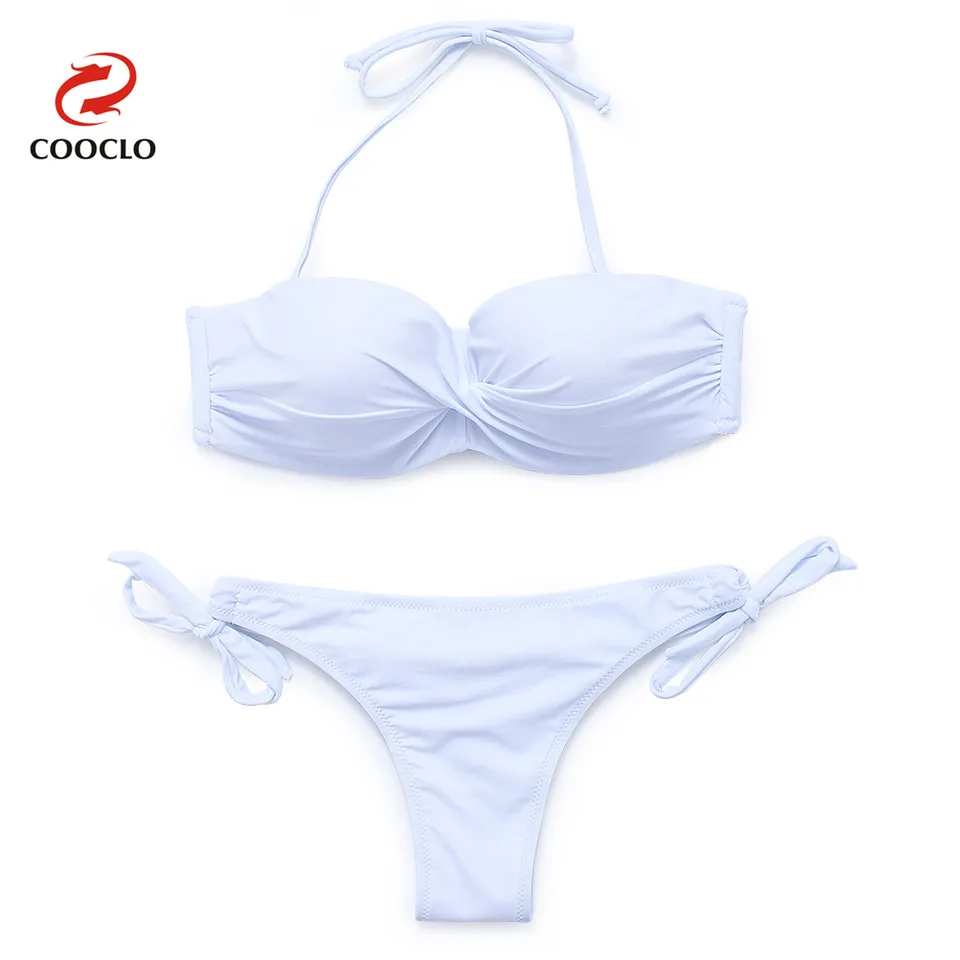 COOCLO Solid Color Sexy Bikini 2019 Women Swimwear Halter Push up Gathered Bikinis Brazilian Bottom Beach Wear Swimsuit Biquinis