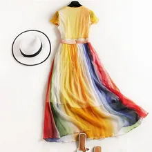 High Waist Rainbow Dress Mulberry Silk Robe Europe and America Fashion Summer Dress 2017 Real Silk Clothing MS Vestido De Festa