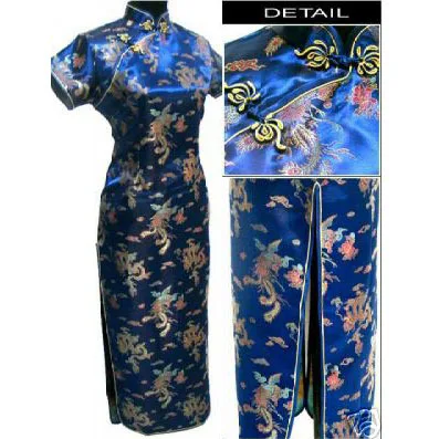 Новинка, черное китайское традиционное платье для выпускного вечера, длинное стильное платье Cheongsam Qipao с лямкой на шее, костюм размера плюс, S до 6XL, WC114 - Цвет: Navy Blue Dragon