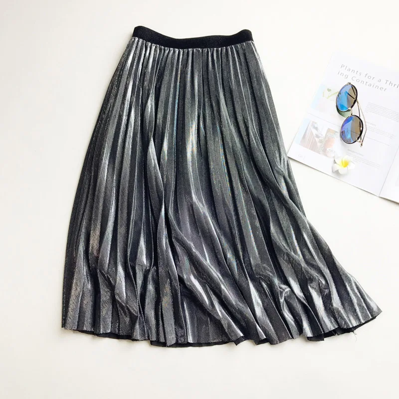 

2019 Spring Shining Skirt gold silver Long striped elasticity Pleated Skirts Womens High Waist Saias Midi Faldas Party Skirts