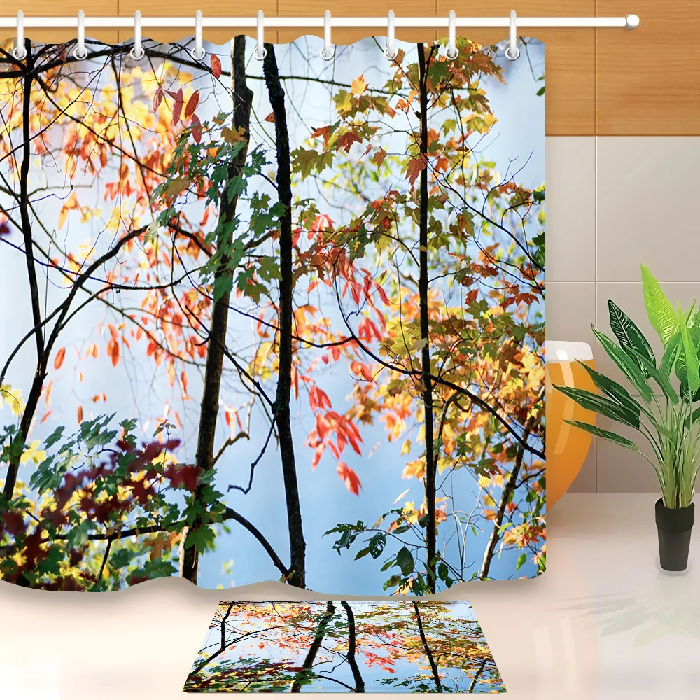 

LB Waterproof Dead Leaves Branch Nature Autumn Scenic Shower Curtain And Mat Set Polyester Bathroom Fabric For Bathtub Art Decor