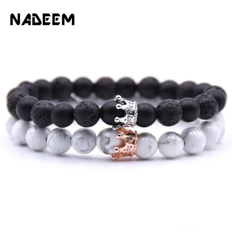 

Natural Stone Crown Beads Bracelet For Women Men Rose Gold Silver Color Stretch Bead Distance Bracelets Couple Jewelry