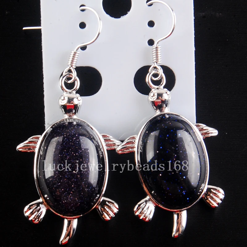 Free Shipping Women Fashion Jewelry 21x32mm Blue Goldstone Turtle Bead Dangle Earrings Pair C4177 | Украшения и аксессуары